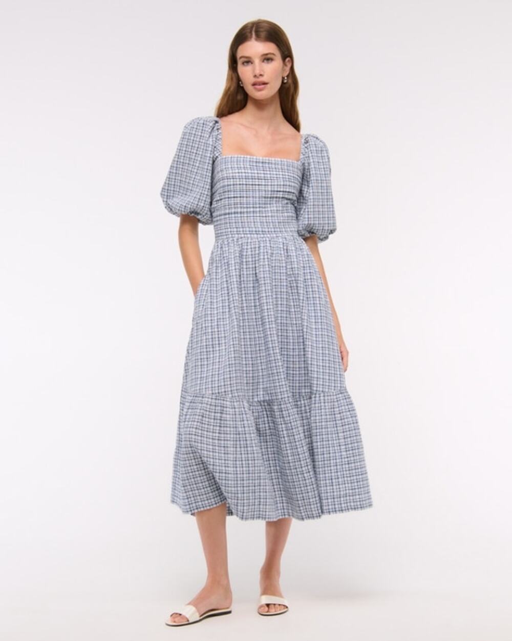 Abercrombie & Fitch Emerson Puff Sleeve Linen Blend Midi Dress XXLT Plaid NWT